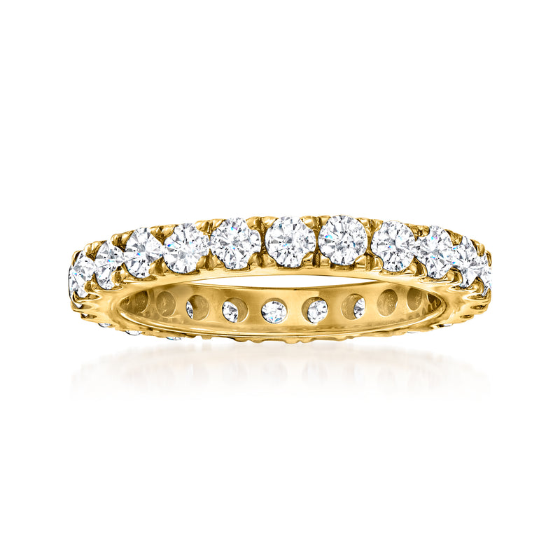 14kt yellow gold diamond eternity band with round bezel-set stones and openwork gallery