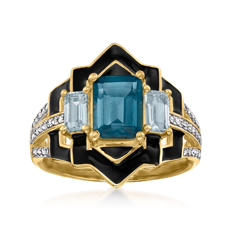 18kt gold geometric ring with black enamel, blue topaz center and diamond accents