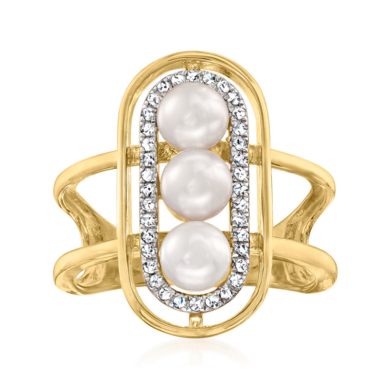 Gold-tone ring with three white cultured pearls and sparkling crystal halo