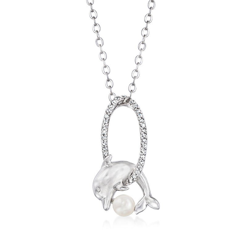 Sterling silver dolphin pendant necklace with pearl and diamond accents