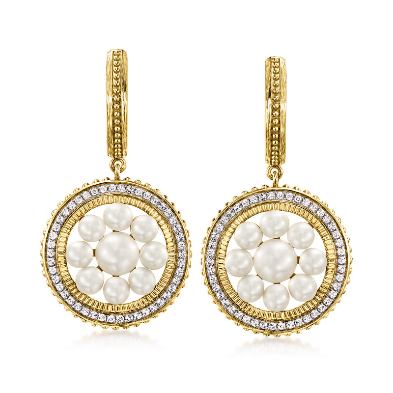 18kt gold drop earrings with pearl cluster and halo of white topaz stones in round frames
