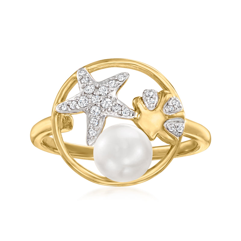 Gold over sterling sealife ring with cultured pearl and diamond starfish