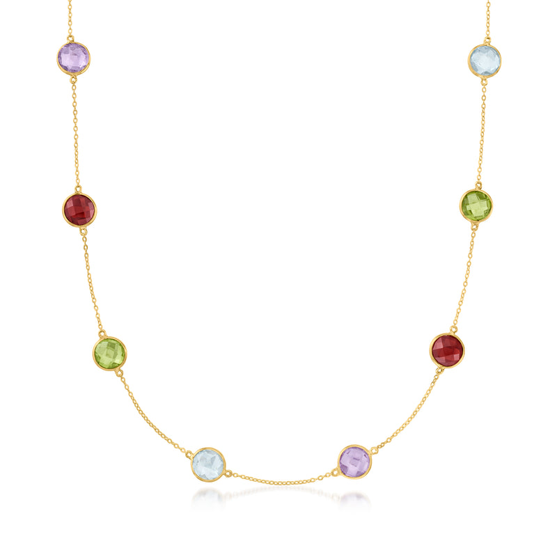 14kt yellow gold station necklace with mixed round gemstones in purple, green, red and light blue