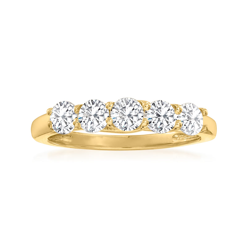 14kt yellow gold five-stone ring with five round clear stones
