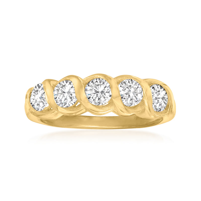 14kt yellow gold five-stone ring with five round white gemstones and polished band