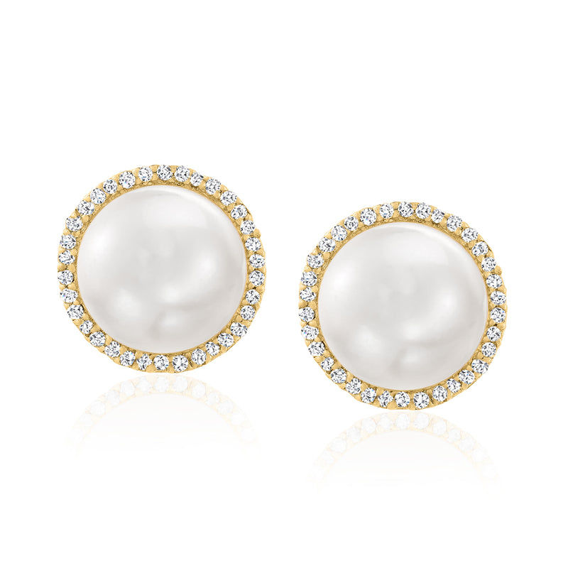 Cultured South Sea pearl stud earrings with diamond halo, 18kt yellow gold, post backs