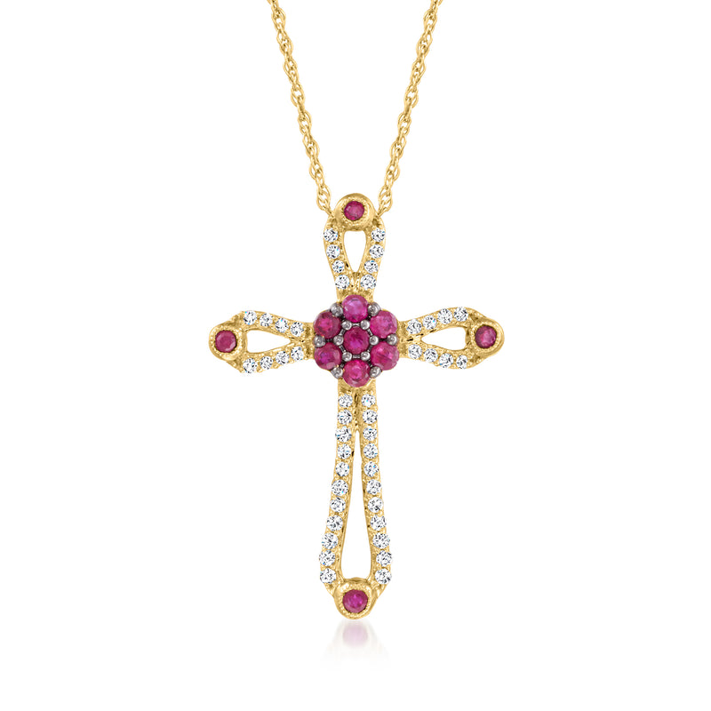 14kt yellow gold cross pendant necklace with ruby center and diamond accents