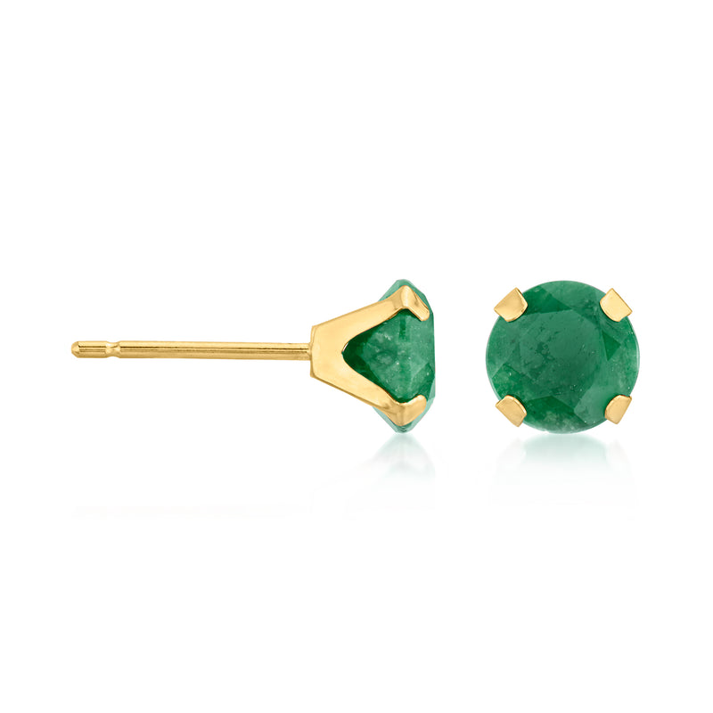 14kt yellow gold stud earring with emerald-green round bezel-set stone