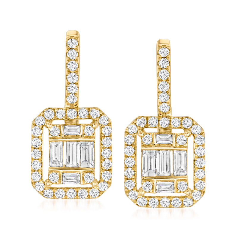 14kt yellow gold diamond cluster drop earrings with square center and surrounding stones