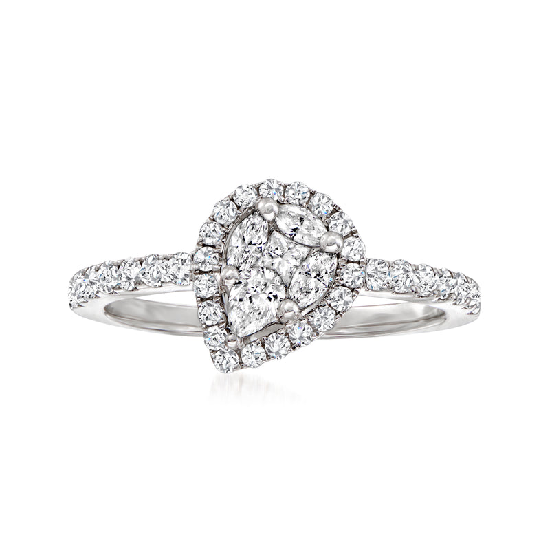 Pear-shaped diamond cluster ring in 18kt white gold with diamond halo and pave band