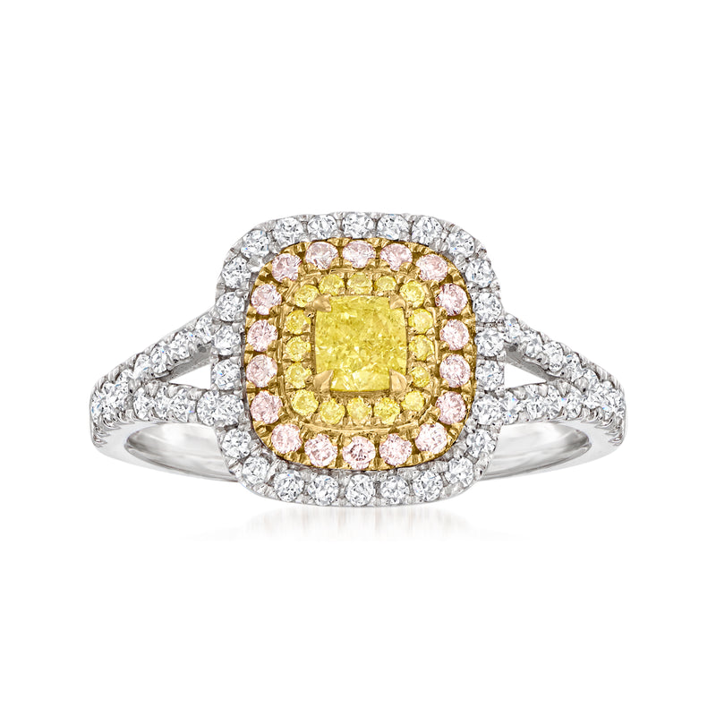Tri-colored gold ring with cushion yellow diamond center, pink and white diamond halos