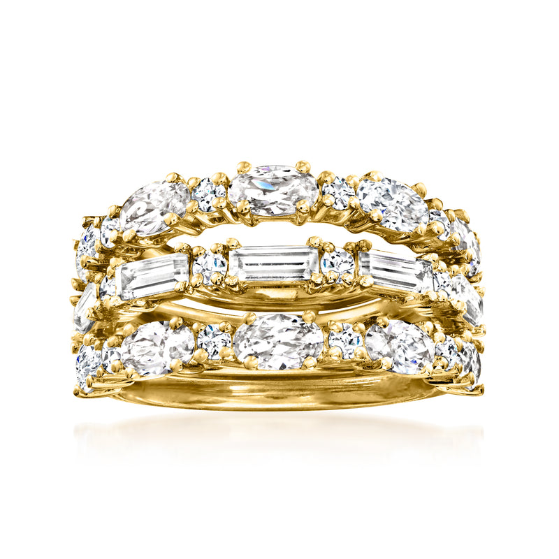 Gold-tone CZ three-ring set with oval, emerald-cut, and round stones, stackable design