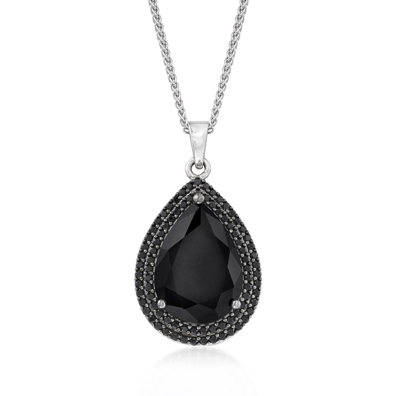 Sterling silver pendant necklace with teardrop black spinel center, halo border