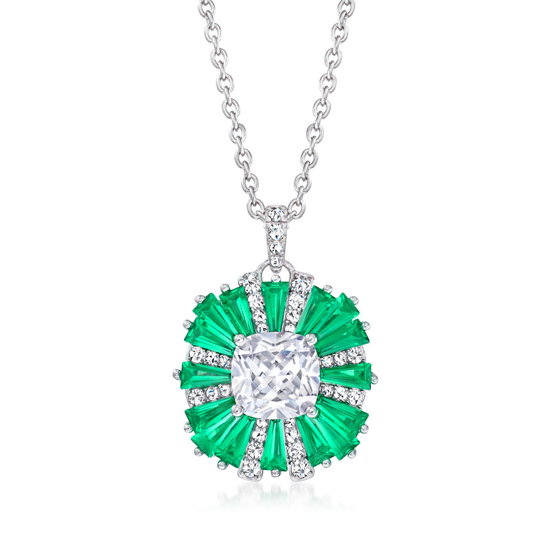 Sterling silver pendant necklace with oval clear center CZ and green emerald halo