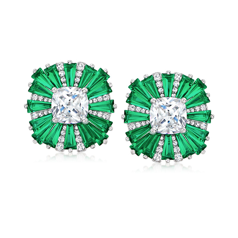 Sterling silver stud earrings with emerald-green CZ halo and clear square-cut center
