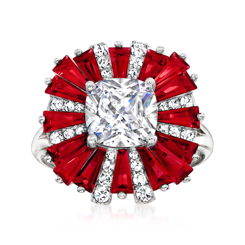 Sterling silver ring with large square CZ center, red and clear gemstone halo