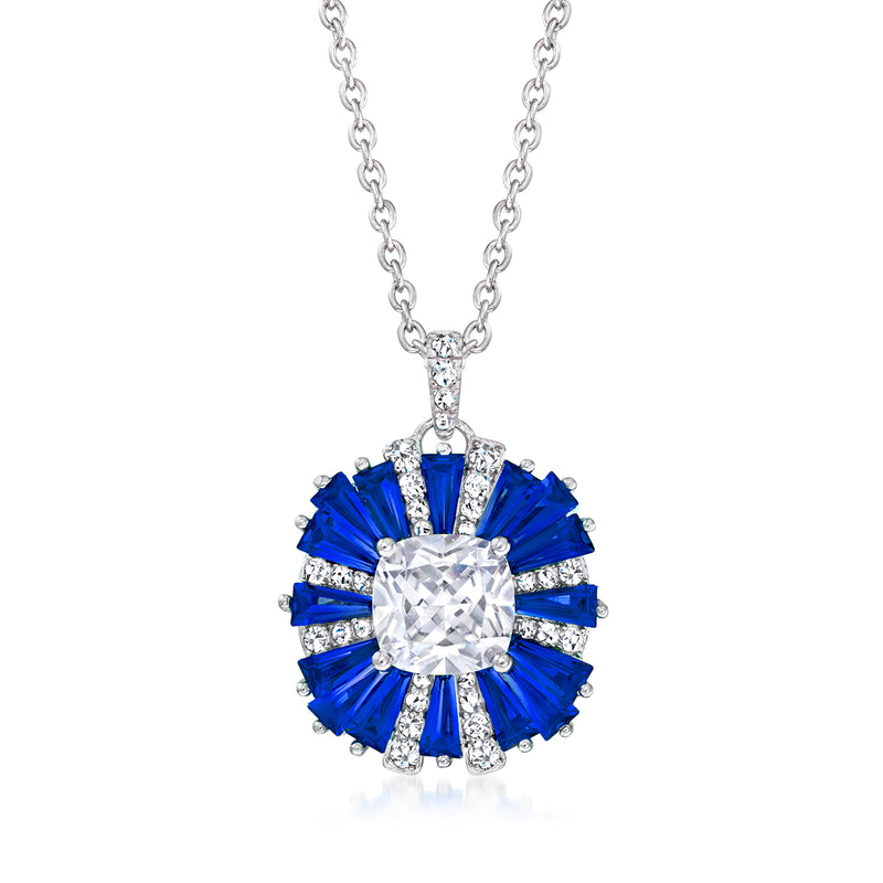 Sterling silver pendant necklace with round blue halo and clear center stone on chain