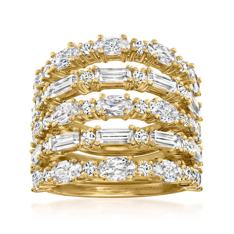 Gold-tone CZ ring set with five stacked bands, oval and round prong-set stones