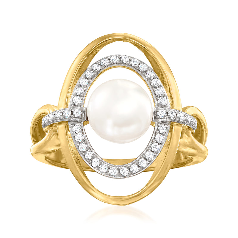 18kt gold over sterling open-space ring with round cultured pearl and diamond-like halo