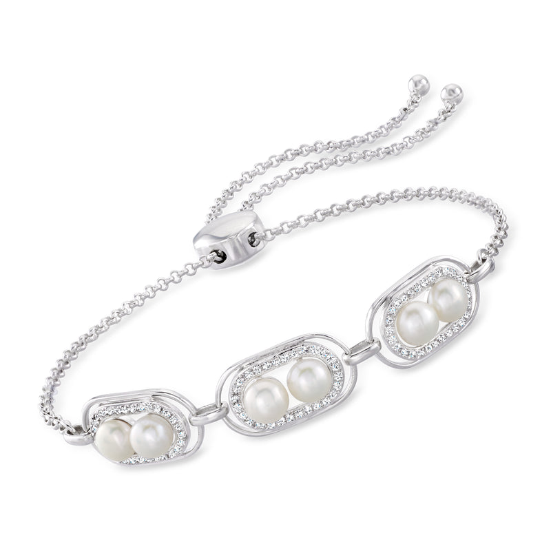 Sterling silver bolo bracelet with cultured pearl and white topaz oval stations