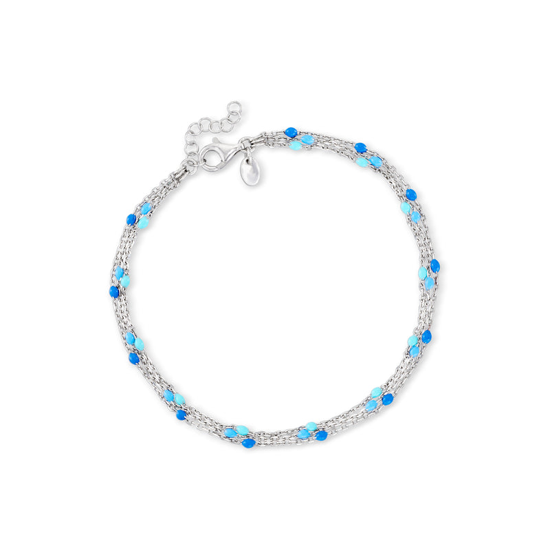 Sterling silver tonal blue enamel bead station anklet with lobster clasp