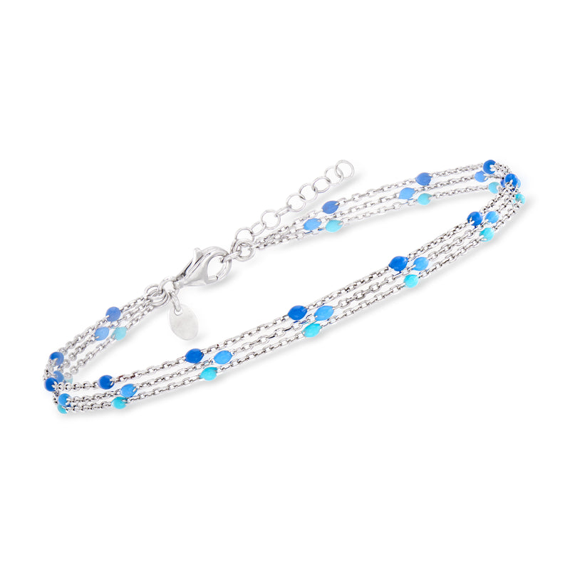 Sterling silver anklet with blue enamel bead stations and adjustable chain extender