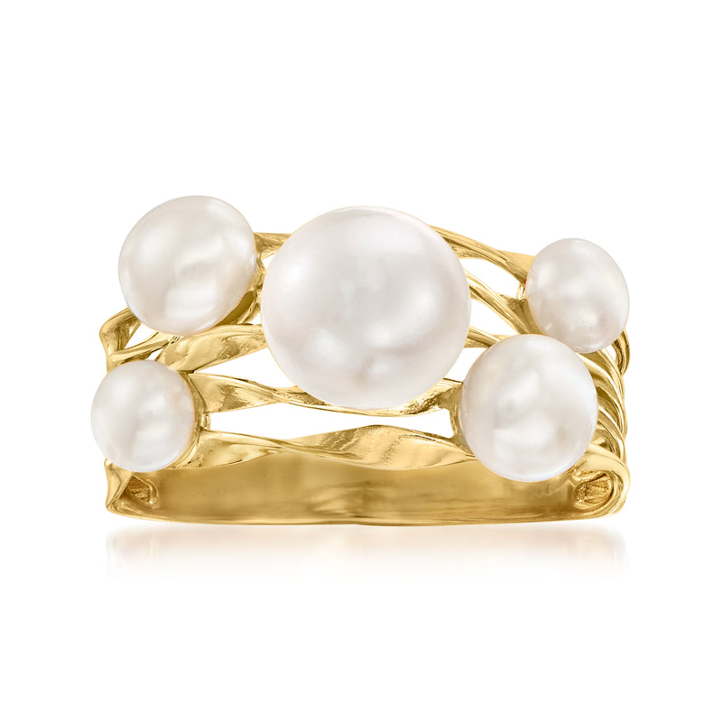 Gold-tone multi-row ring with five white cultured pearls