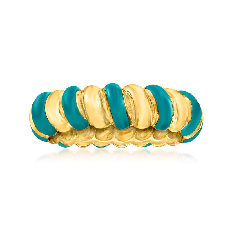Twisted enamel ring with gold-tone band and green oval enamel accents