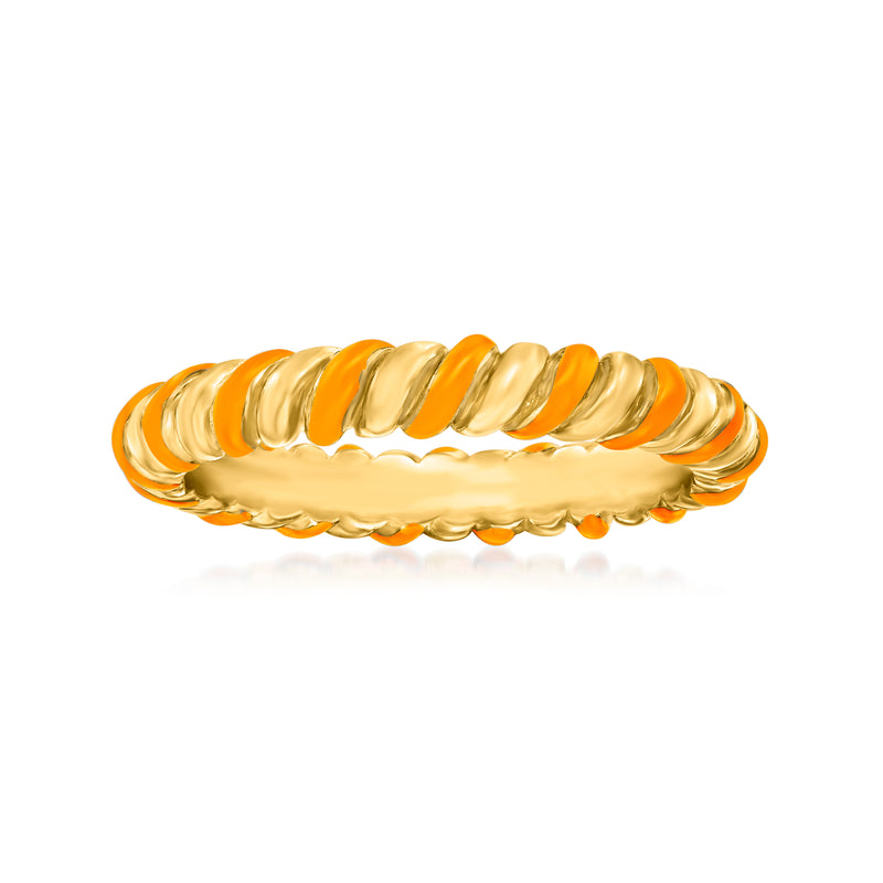 Twisted gold-tone ring with orange enamel in a scalloped band design
