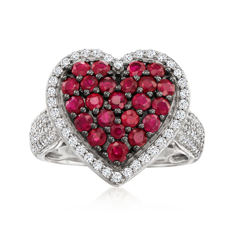 Sterling silver heart ring with ruby cluster center and white zircon halo