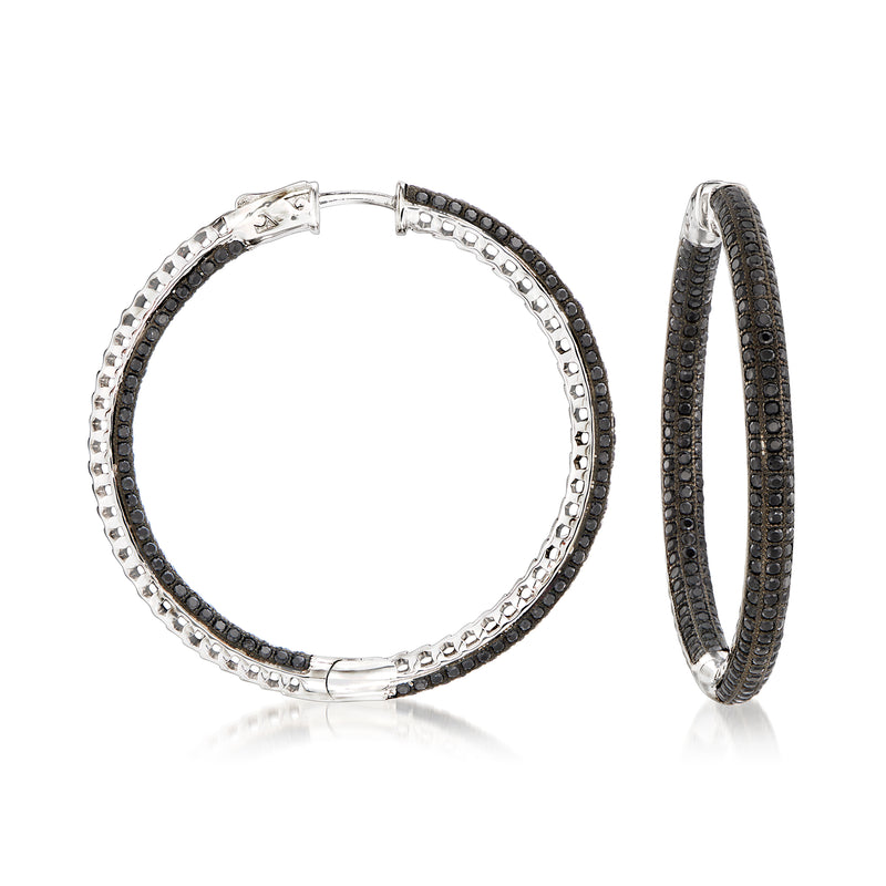 Sterling silver hoop earrings with black spinel inside-outside pave setting