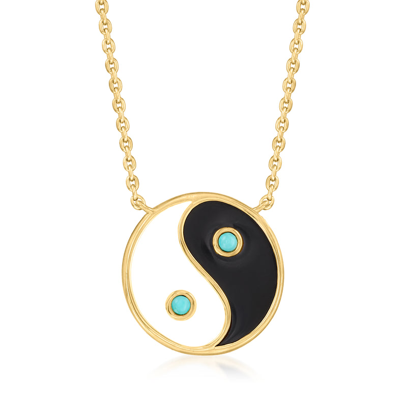 Gold-tone yin yang enamel pendant necklace with turquoise inlays and chain