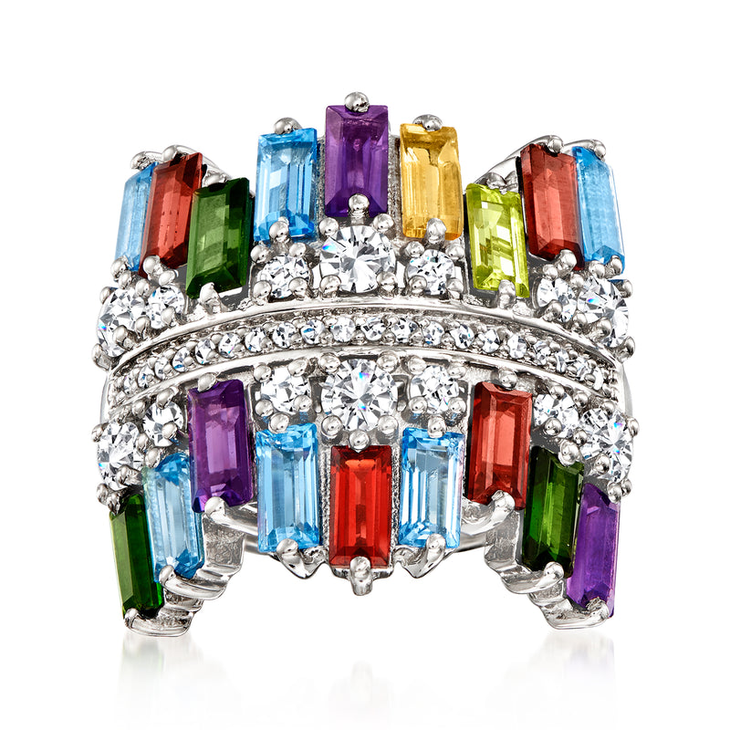 Sterling silver multi-gemstone ring with colorful emerald-cut stones and round accents