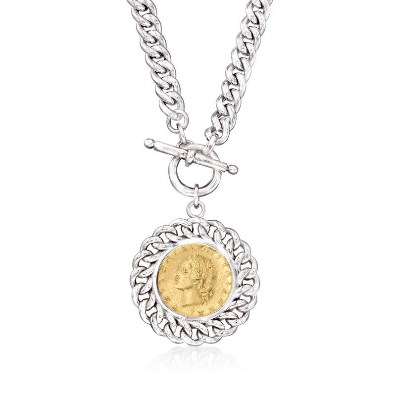 Two-tone curb-link necklace with round gold coin pendant, silver-tone chain