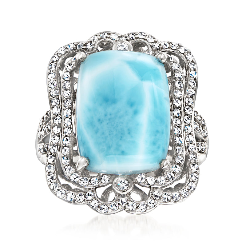 Sterling silver ring with rectangular light-blue larimar-style stone and diamond-like halo