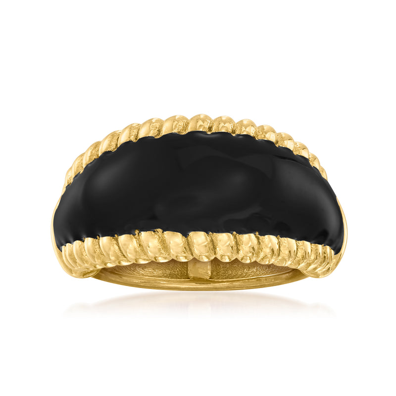 Gold over sterling ring with black enamel top and rope-edged bezel