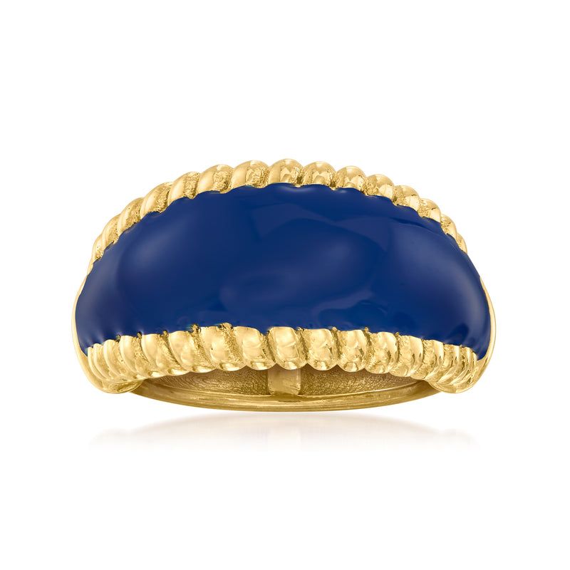 Gold over sterling ring with blue enamel top and roped-edge design
