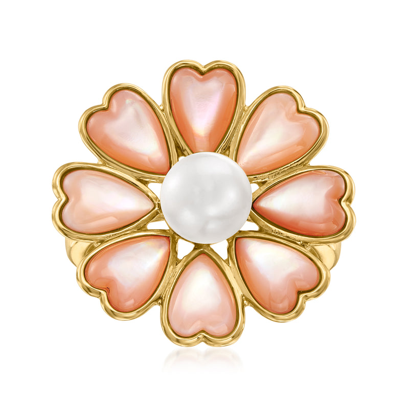 Gold-tone flower ring with pink mother-of-pearl petals and white pearl center