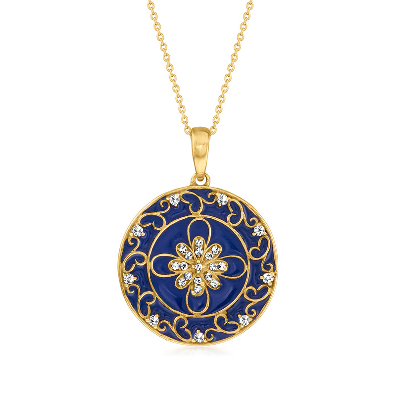 18kt gold over sterling pendant necklace with round blue enamel floral medallion