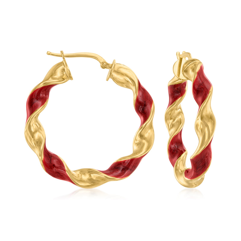 Twisted gold hoop earrings with red enamel inlay, hinged hoop with latch