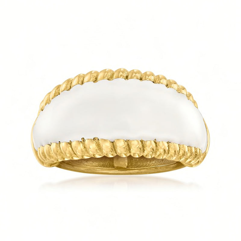 White enamel roped-edge ring with gold over sterling, domed band profile