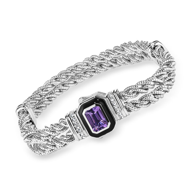 Sterling silver bracelet with braided chain, black enamel accents, purple amethyst centerpiece
