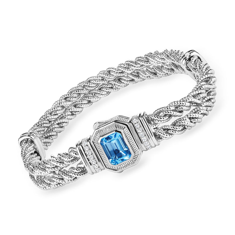 Judith Ripka sterling silver bracelet with braided rope design, blue topaz center, diamond accents