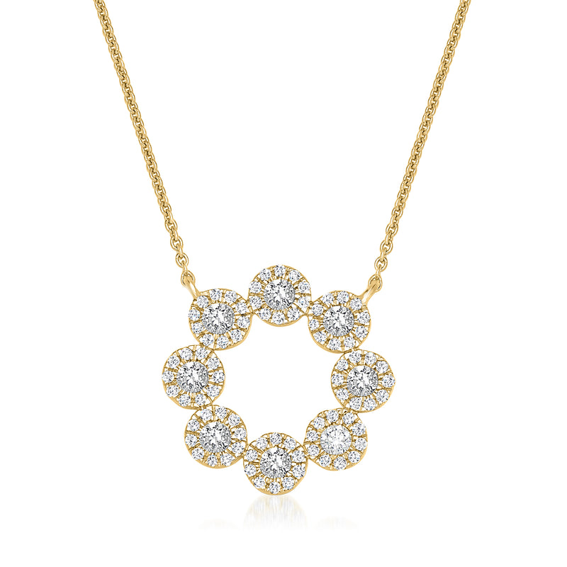 14kt yellow gold diamond cluster eternity circle necklace with round stones