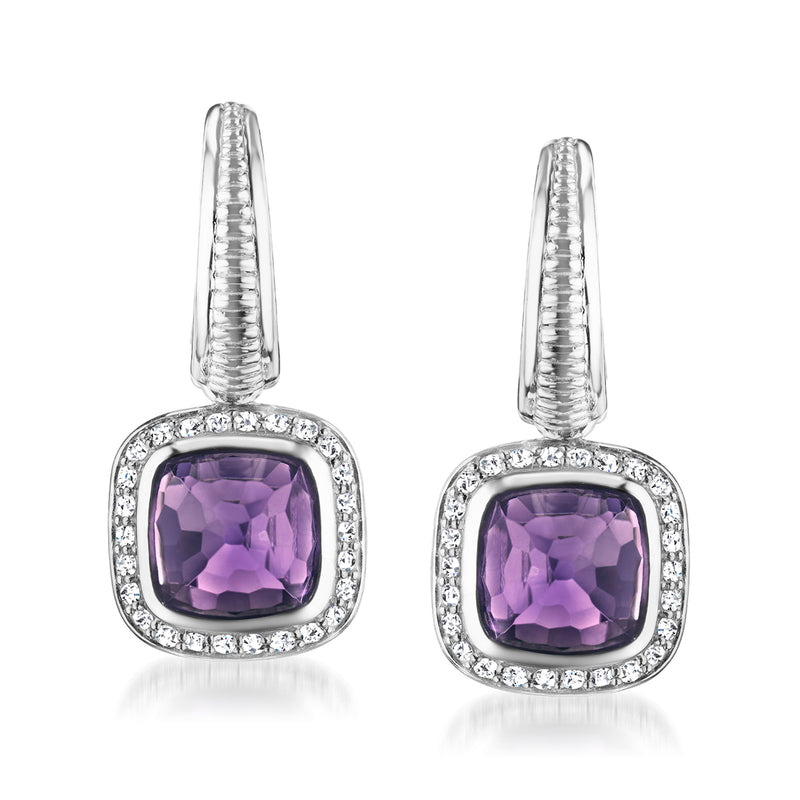 Sterling silver post earrings with purple amethyst cushion stone and diamond halo drop