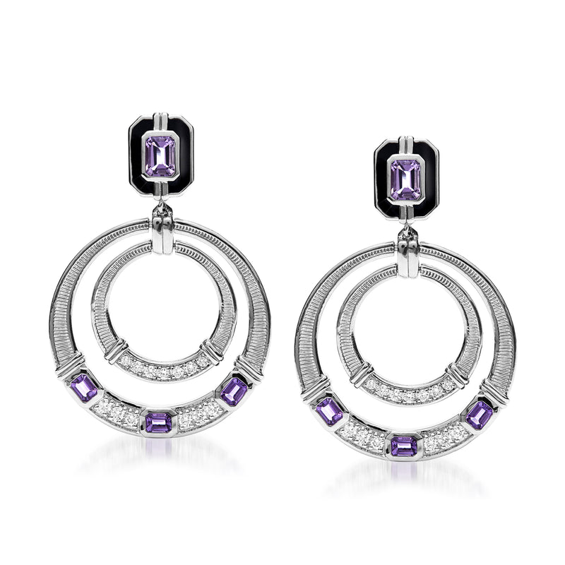Sterling silver clip/post earrings with black enamel, purple amethyst stones, and diamond accents