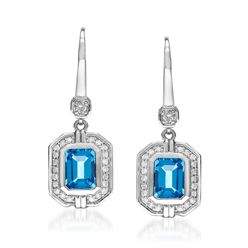 Sterling silver drop earrings with blue topaz octagon and white diamond accents
