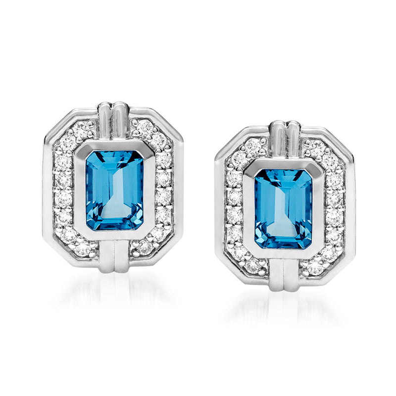Sterling silver post earrings with blue topaz center and diamond halo octagon settings