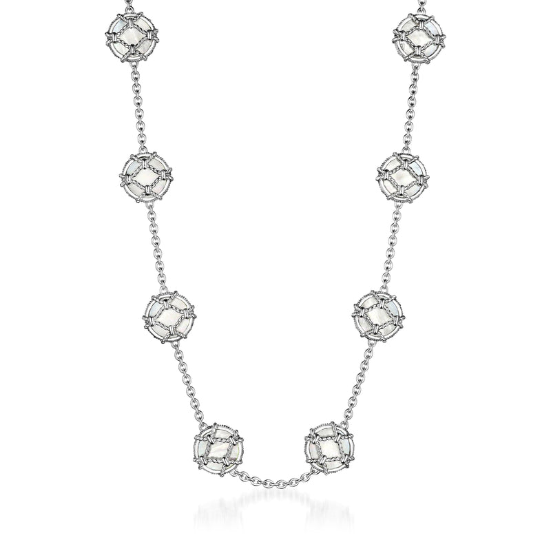 Sterling silver mother-of-pearl station necklace with round bezel links