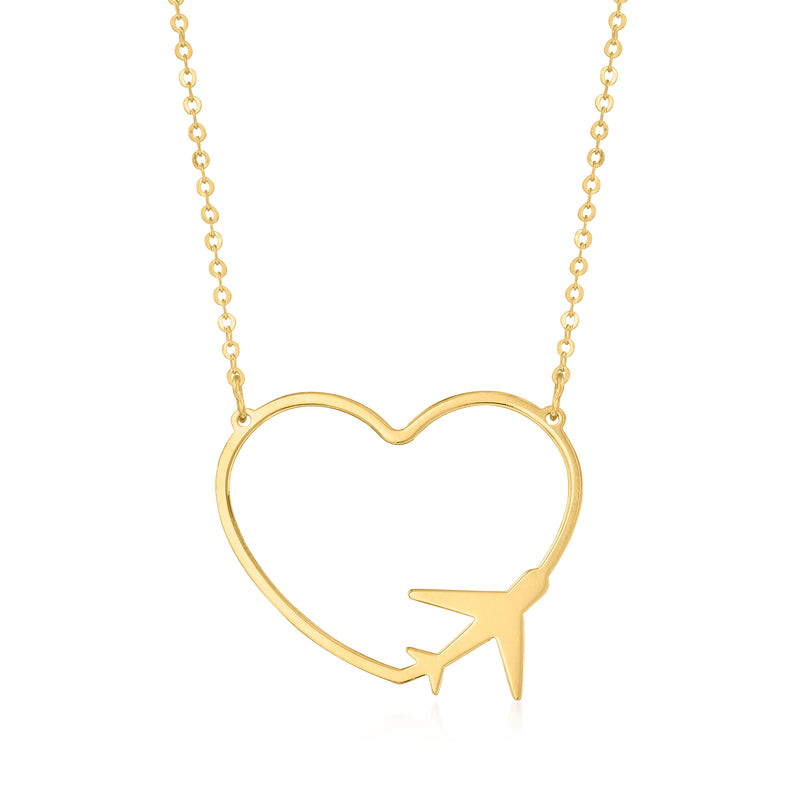 14kt yellow gold heart necklace with airplane cutout pendant